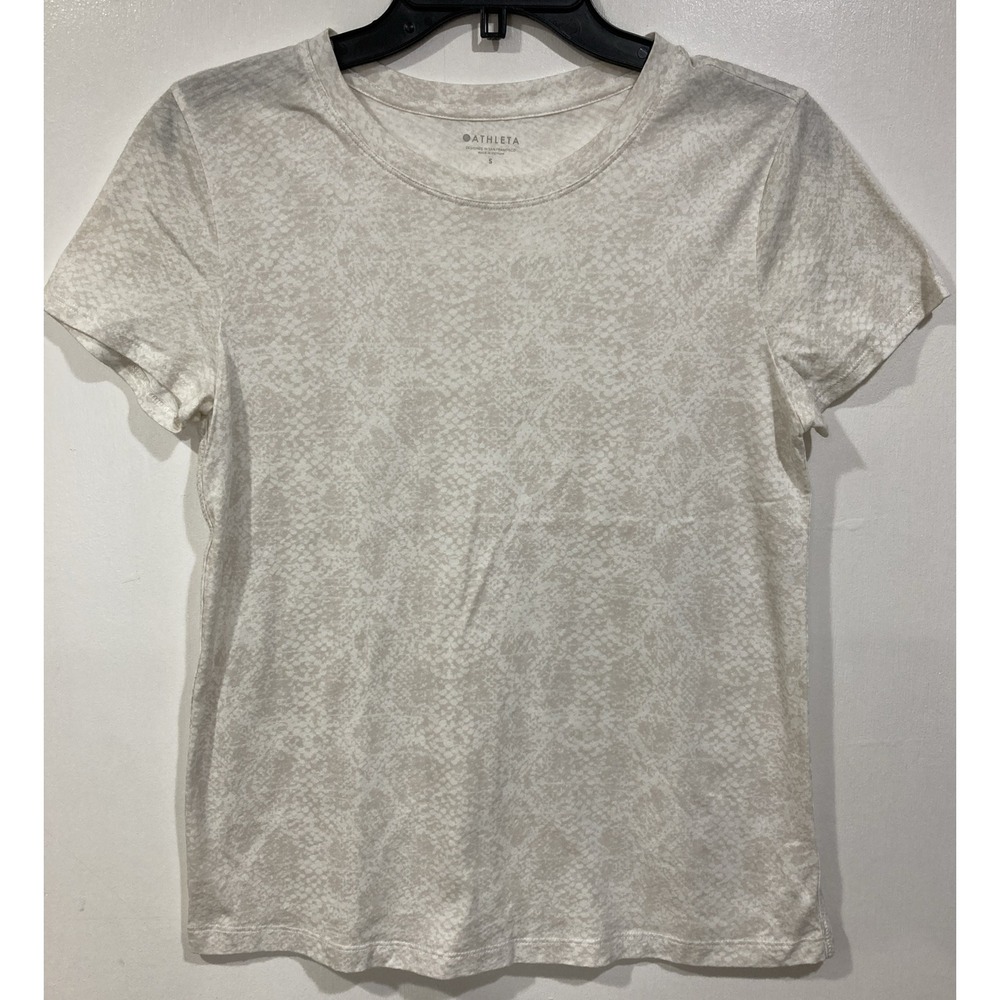 Athleta Women's Small White Cream Snake Skin Print Tee Shirt 100% Cotton Workout